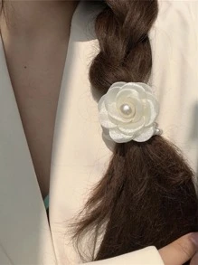 花朵与仿珍珠装饰发带优雅马尾辫固定发带弹性发绳