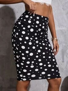 SHEIN Privé 波點圖案寬腰帶半身裙 - 黑與白 - 查看 5