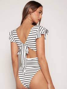 SHEIN Privé Striped Butterfly Sleeve Tie Back Bodysuit - White - View 1