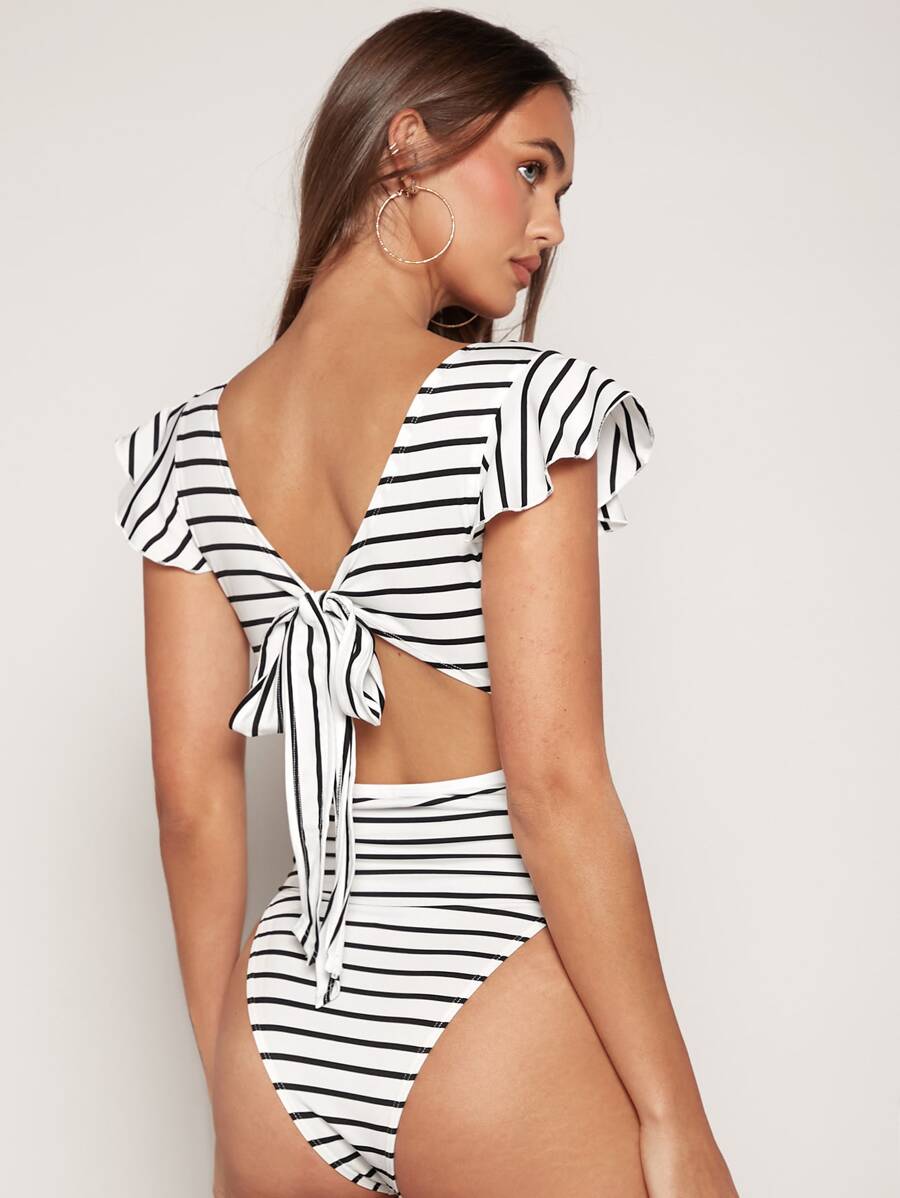SHEIN Privé Striped Butterfly Sleeve Tie Back Bodysuit - White - View 1