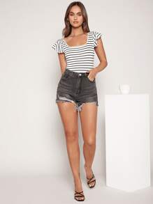 SHEIN Privé Striped Butterfly Sleeve Tie Back Bodysuit - White - View 4