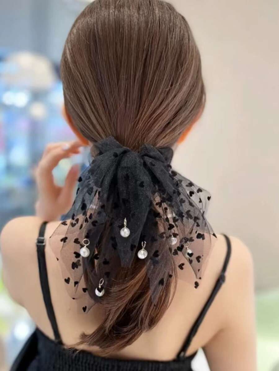 Heart Print Faux Pearl Decor Khăn quàng cổ buộc tóc - màu đen - Xem 1