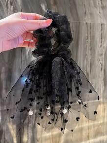 Heart Print Faux Pearl Decor Khăn quàng cổ buộc tóc - màu đen - Xem 3