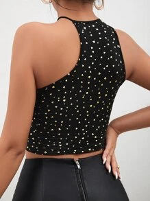 SHEIN Privé Black Allover Heart Print Asymmetrical Crop Top - Black - View 2