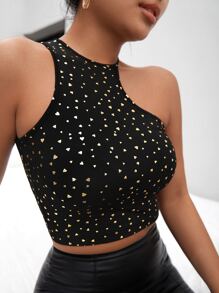SHEIN Privé Black Allover Heart Print Asymmetrical Crop Top - Black - View 5