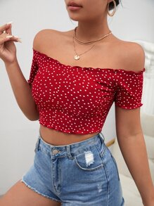 Soleia Polka Dot Print Off Shoulder Lettuce Trim Crop Tee - Red - View 1
