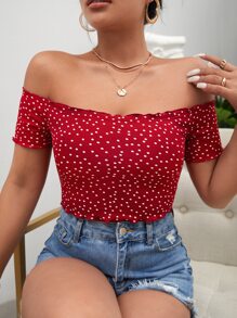 Soleia Polka Dot Print Off Shoulder Lettuce Trim Crop Tee - Red - View 3
