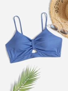 Plus Size Ruched Ribbed Cut Out Bikini Top, For Summer Beach Vacation - Blue - View 1