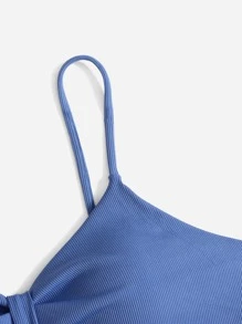 Plus Size Ruched Ribbed Cut Out Bikini Top, For Summer Beach Vacation - Blue - View 5