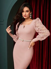 Modelyn 拼接網紗燈籠袖魚尾裙下擺連衣裙不附腰帶 - 藕粉色 - 查看 3