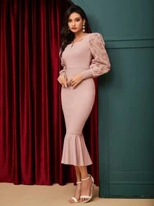 Modelyn 拼接網紗燈籠袖魚尾裙下擺連衣裙不附腰帶 - 藕粉色 - 查看 4