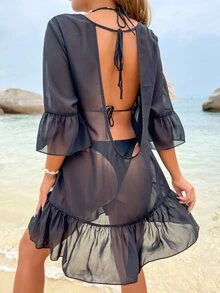 AAmilife Ruffle Hem Sheer Mesh Cover Up Dress Without Bikini Set - Black - View 2