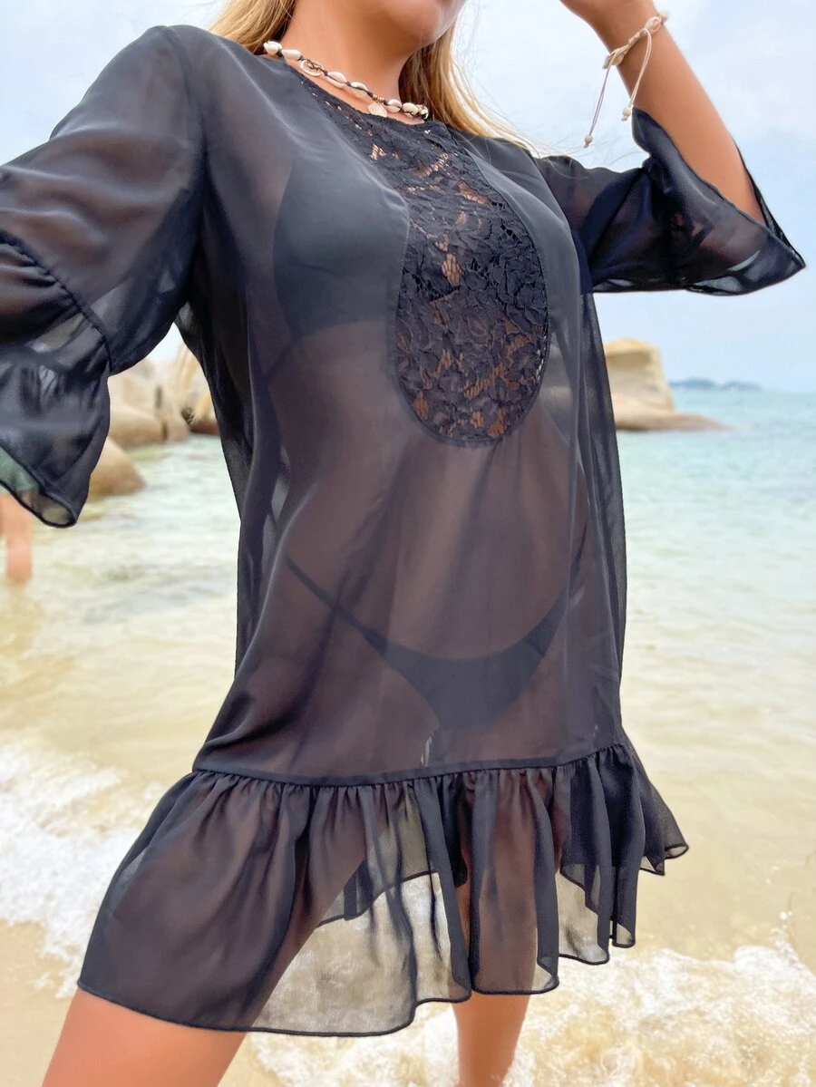 AAmilife Tie Backless Contrast Lace Flounce Sleeve Ruffle Hem Cover Up Without Bikini Summer - Black - View 1