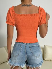 Chiquease Eyelet Embroidery Puff Sleeve Shirred Top - Orange - View 2