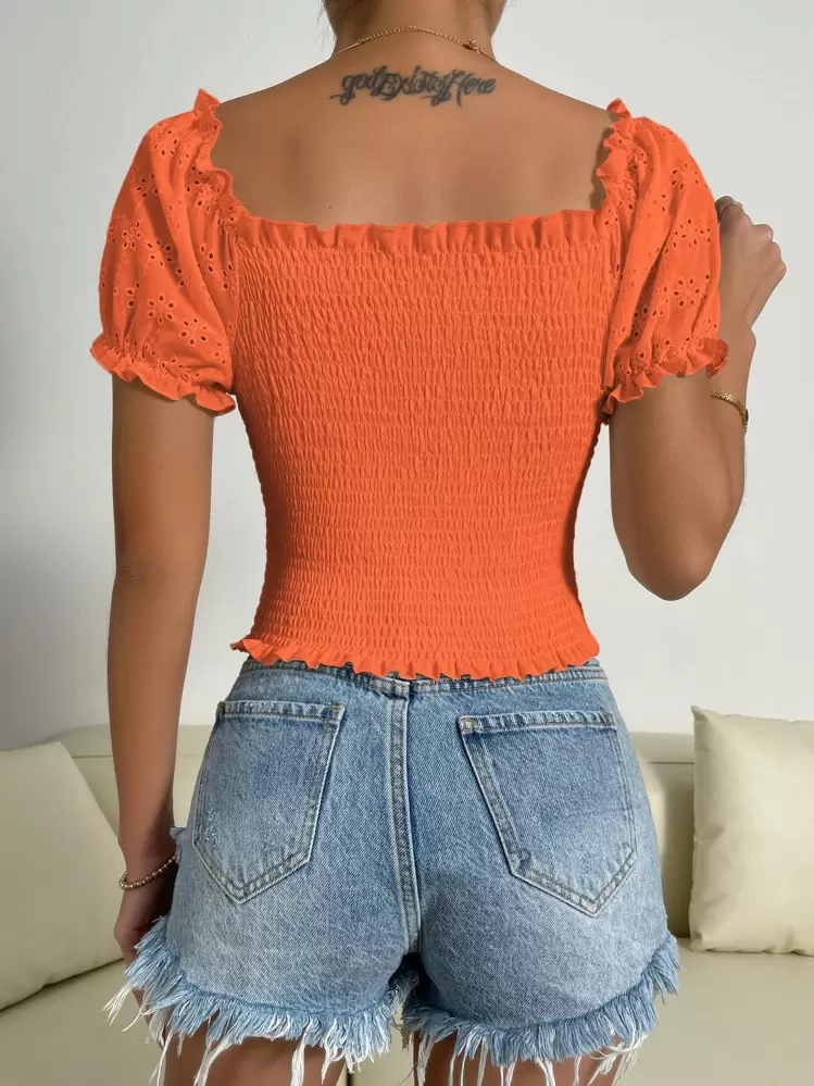 Chiquease Eyelet Embroidery Puff Sleeve Shirred Top - Orange - View 2