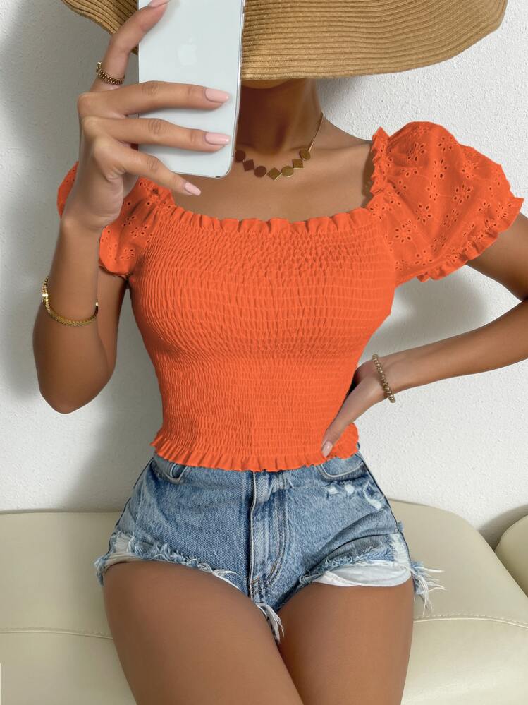 Chiquease Eyelet Embroidery Puff Sleeve Shirred Top - Orange - View 3