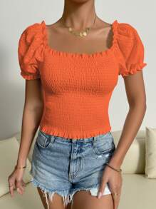 Chiquease Eyelet Embroidery Puff Sleeve Shirred Top - Orange - View 5