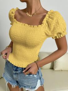 Chiquease 網眼刺繡泡泡袖打褶上衣 - 黃色 - 查看 4