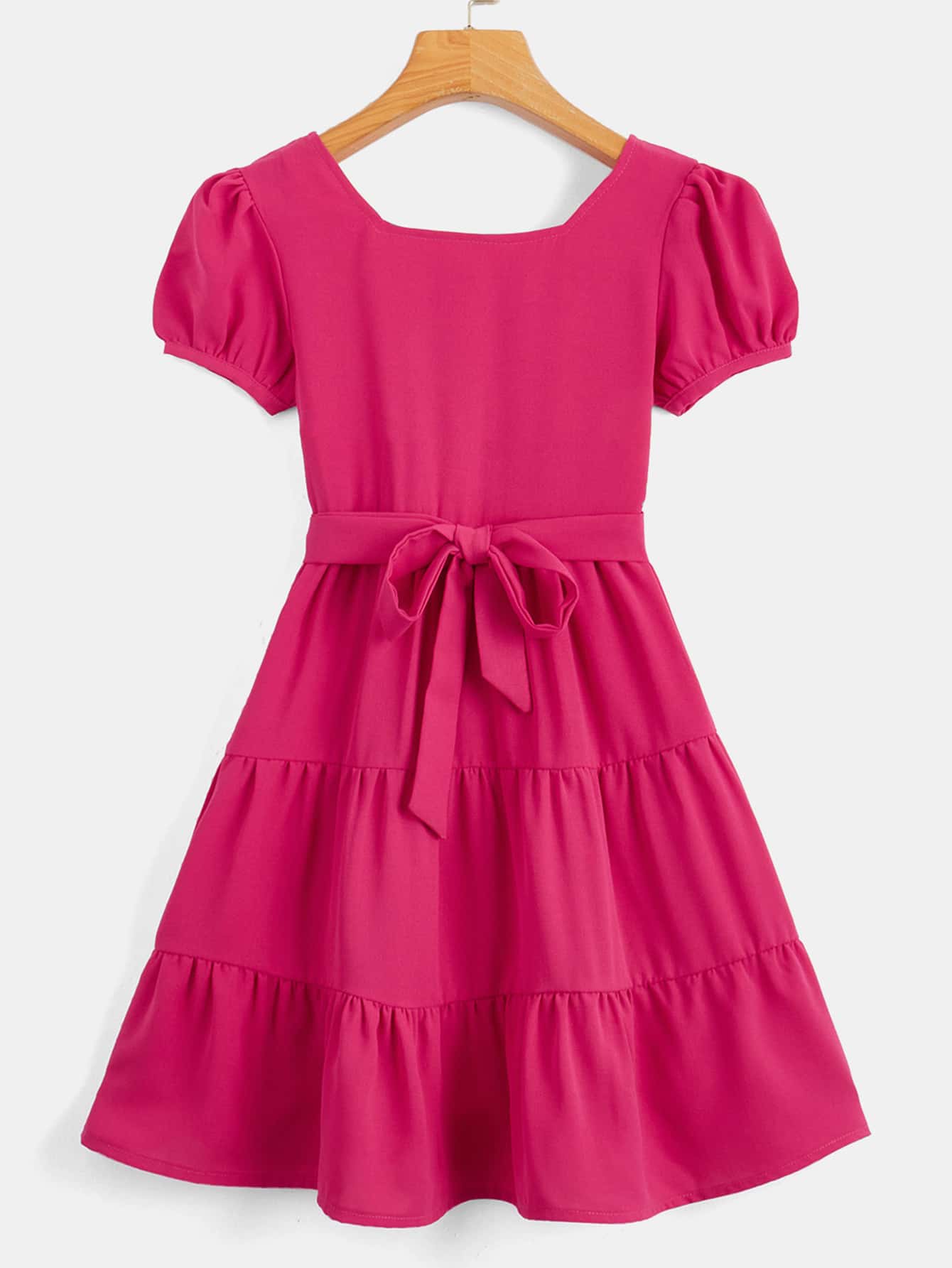 Niñas Vestido con cinturón de manga farol de cuello cuadrado bajo con fruncido - Rosa Fucsia - Ver 1