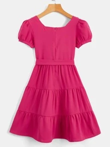 Niñas Vestido con cinturón de manga farol de cuello cuadrado bajo con fruncido - Rosa Fucsia - Ver 2