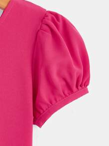 Niñas Vestido con cinturón de manga farol de cuello cuadrado bajo con fruncido - Rosa Fucsia - Ver 4