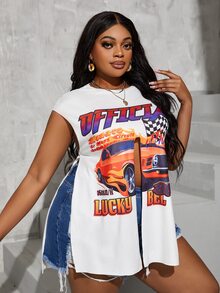 Slaydiva 大碼汽車和標語圖案前繫帶T恤 - 白色 - 查看 4