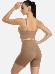 icyzone Solid High Stretch Sports Bra - Khaki - View 1