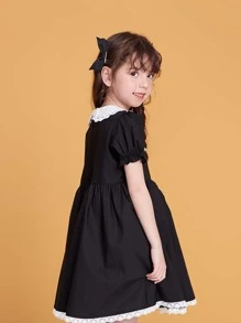 儿童夏季新款纯色蝴蝶结蕾丝简约百搭乡村风彼得潘领小女孩连衣裙 - 黑色 - 查看 2