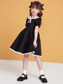 儿童夏季新款纯色蝴蝶结蕾丝简约百搭乡村风彼得潘领小女孩连衣裙 - 黑色 - 查看 4