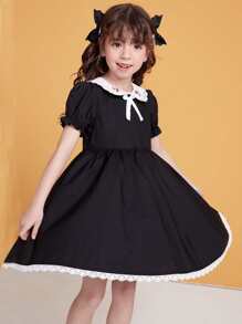 儿童夏季新款纯色蝴蝶结蕾丝简约百搭乡村风彼得潘领小女孩连衣裙 - 黑色 - 查看 5