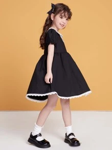 儿童夏季新款纯色蝴蝶结蕾丝简约百搭乡村风彼得潘领小女孩连衣裙 - 黑色 - 查看 6