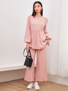 Mulvari Bộ thời trang Nút Cắt ra Viên lá sen màu trơn Giải trí - Màu Hồng baby - Xem 1