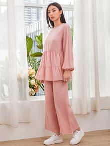 Mulvari Bộ thời trang Nút Cắt ra Viên lá sen màu trơn Giải trí - Màu Hồng baby - Xem 4