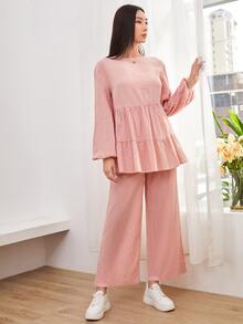 Mulvari Bộ thời trang Nút Cắt ra Viên lá sen màu trơn Giải trí - Màu Hồng baby - Xem 5