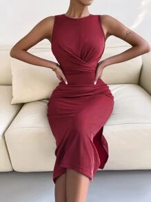 Crossover Knot Back Split Thigh Dress - Burgundy - View 1