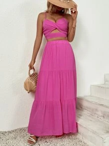 Breezaya 前扭結鏤空吊帶上衣和荷葉邊半身裙 - 玫紅色 - 查看 4