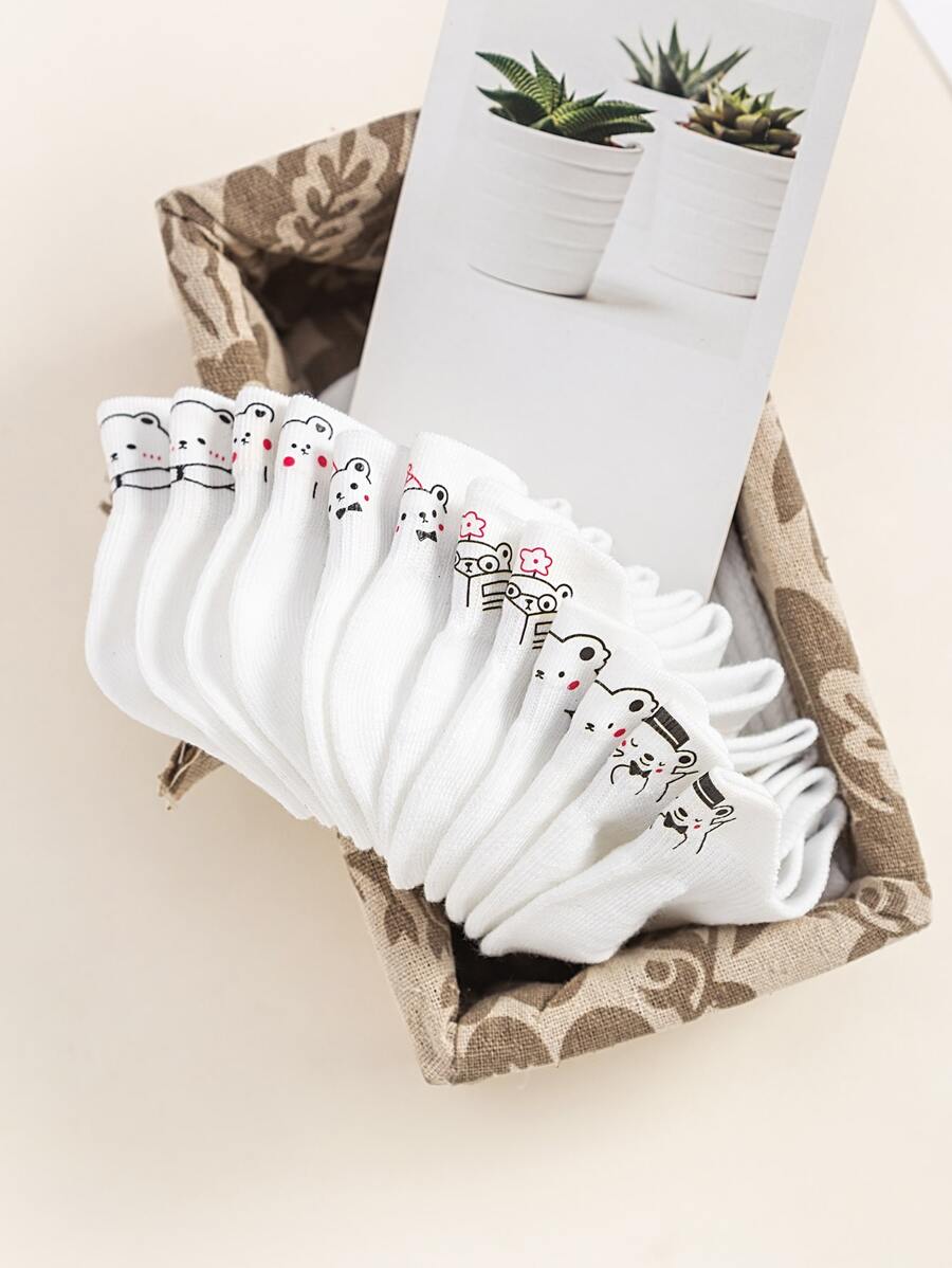 6pairs Bear Print Ankle Socks - White - View 1