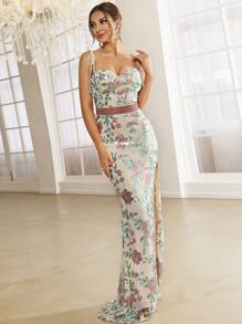 Missord Vestido de vestir con lentejuela en contraste con patrón floral de hombros con cordón de muslo con abertura - Multicolor - Ver 1