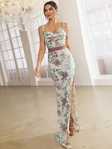 Missord Vestido de vestir con lentejuela en contraste con patrón floral de hombros con cordón de muslo con abertura - Multicolor - Ver 3