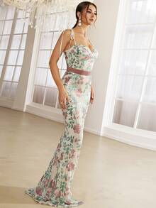 Missord Vestido de vestir con lentejuela en contraste con patrón floral de hombros con cordón de muslo con abertura - Multicolor - Ver 4