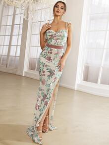 Missord Vestido de vestir con lentejuela en contraste con patrón floral de hombros con cordón de muslo con abertura - Multicolor - Ver 7