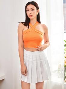 SHEIN EZwear 螺紋針織繞頸短上衣 - 珊瑚橙 - 查看 5