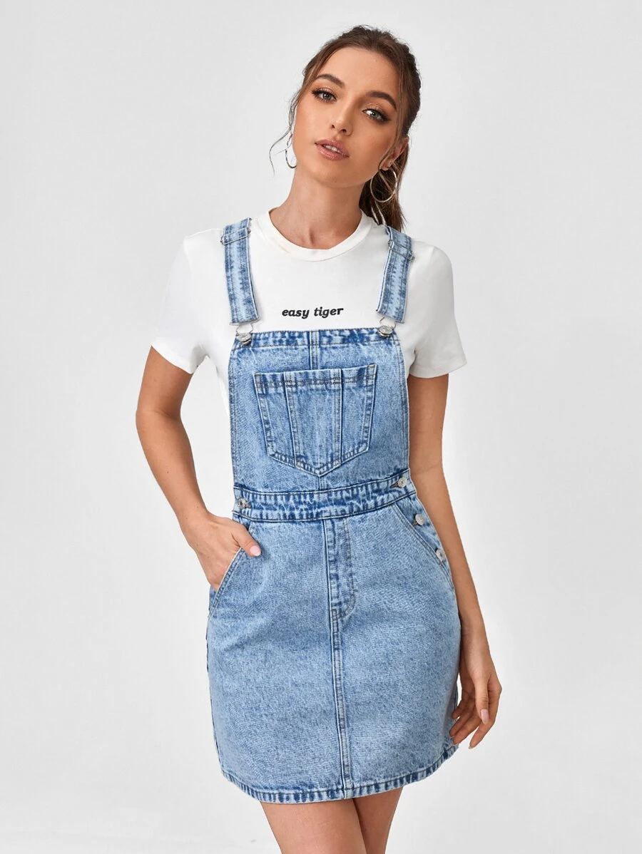 SHEIN EZwear Váy denim nữ Nút Túi màu trơn Sẵn sàng - Rửa nhẹ - Xem 1