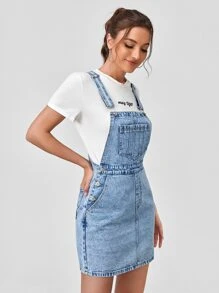 SHEIN EZwear Váy denim nữ Nút Túi màu trơn Sẵn sàng - Rửa nhẹ - Xem 4