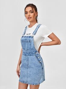 SHEIN EZwear Váy denim nữ Nút Túi màu trơn Sẵn sàng - Rửa nhẹ - Xem 5