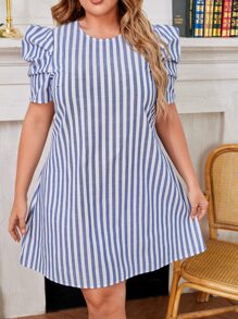 SHEIN Essnce Plus Striped Puff Sleeve Tunic Dress - Blue and White - View 1