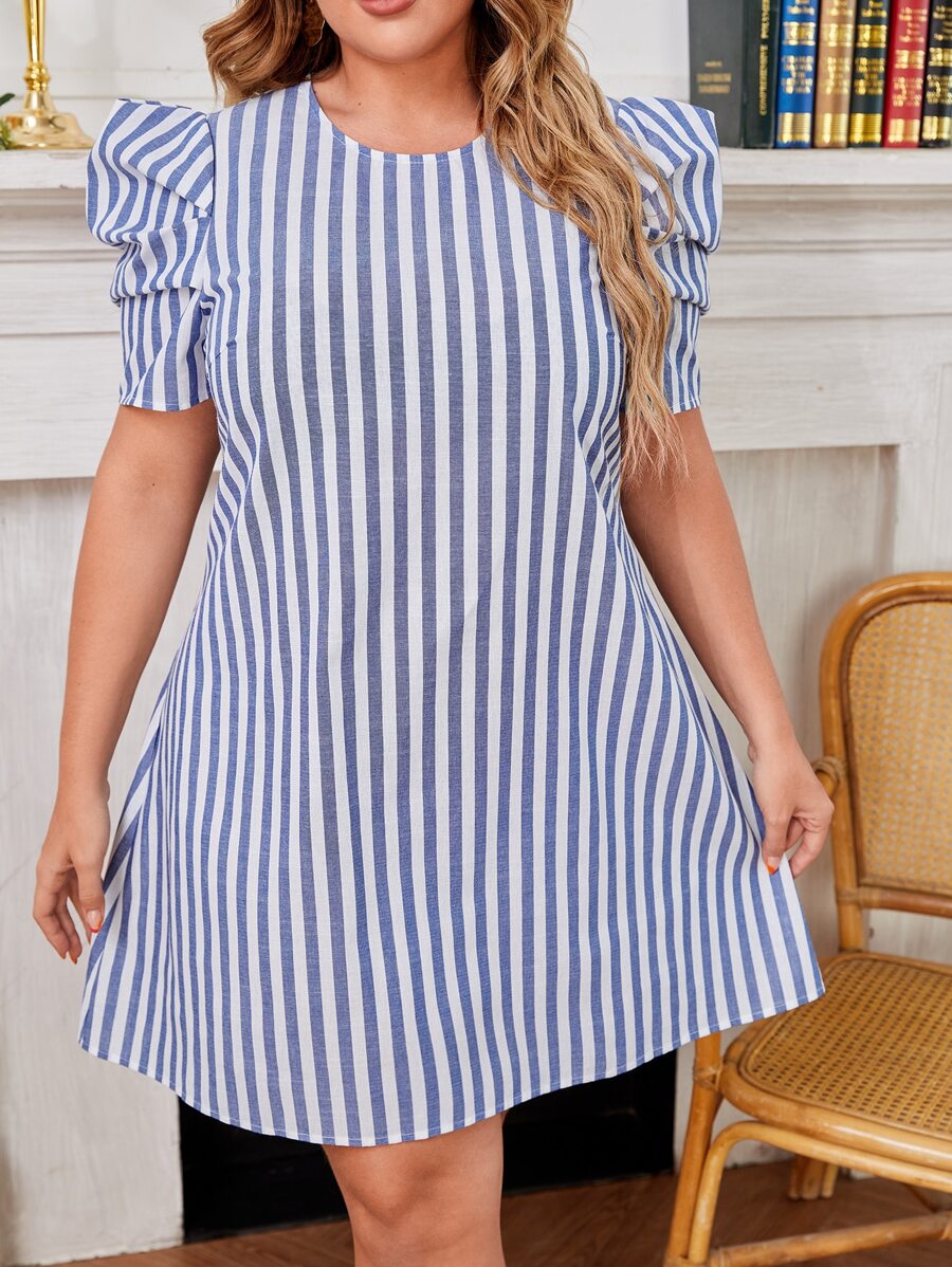 SHEIN Essnce Plus Striped Puff Sleeve Tunic Dress - Blue and White - View 1