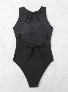 Swim Vcay Summer Beach Ribbed Knit Tie Backless One Piece Swimsuit - Black - View 3