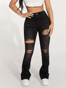 SHEIN PETITE High Waist Ripped Flare Leg Jeans - Black - View 1