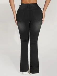 SHEIN PETITE High Waist Ripped Flare Leg Jeans - Black - View 3